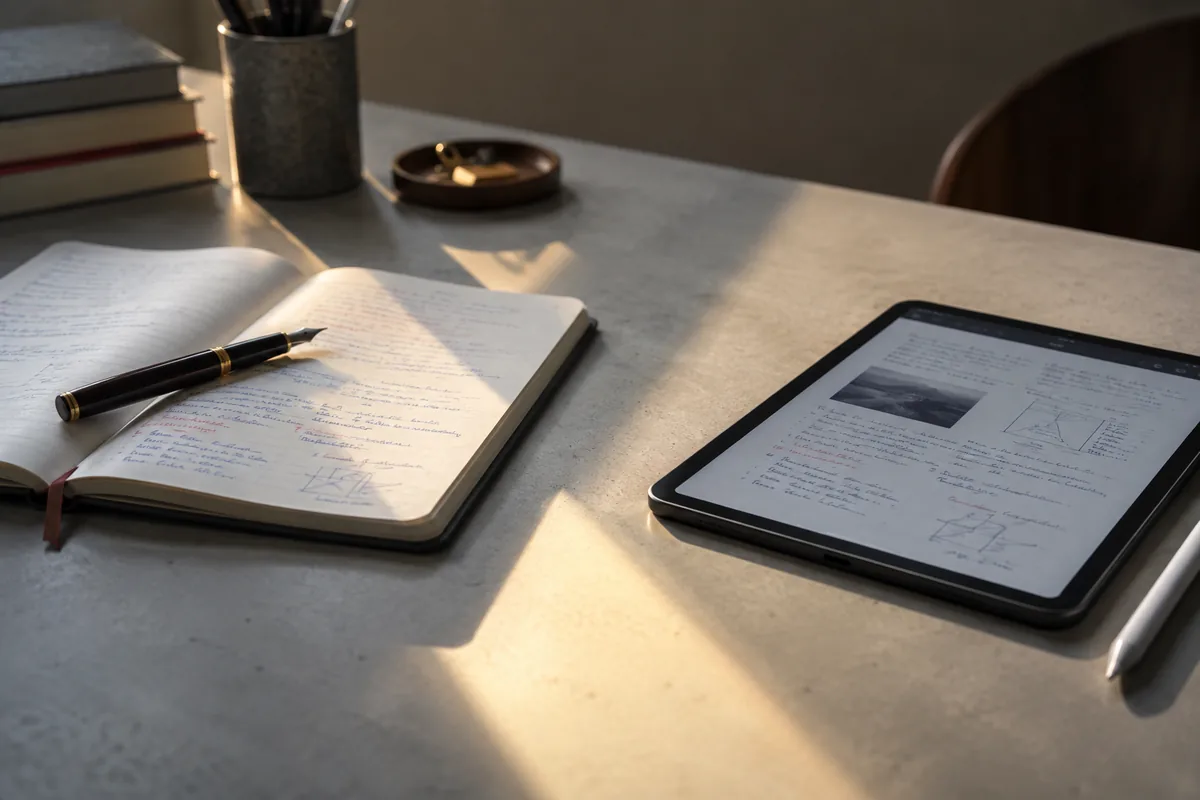 紙のノートと万年筆、タブレットとペンが光の筋をはさんで並んでいる