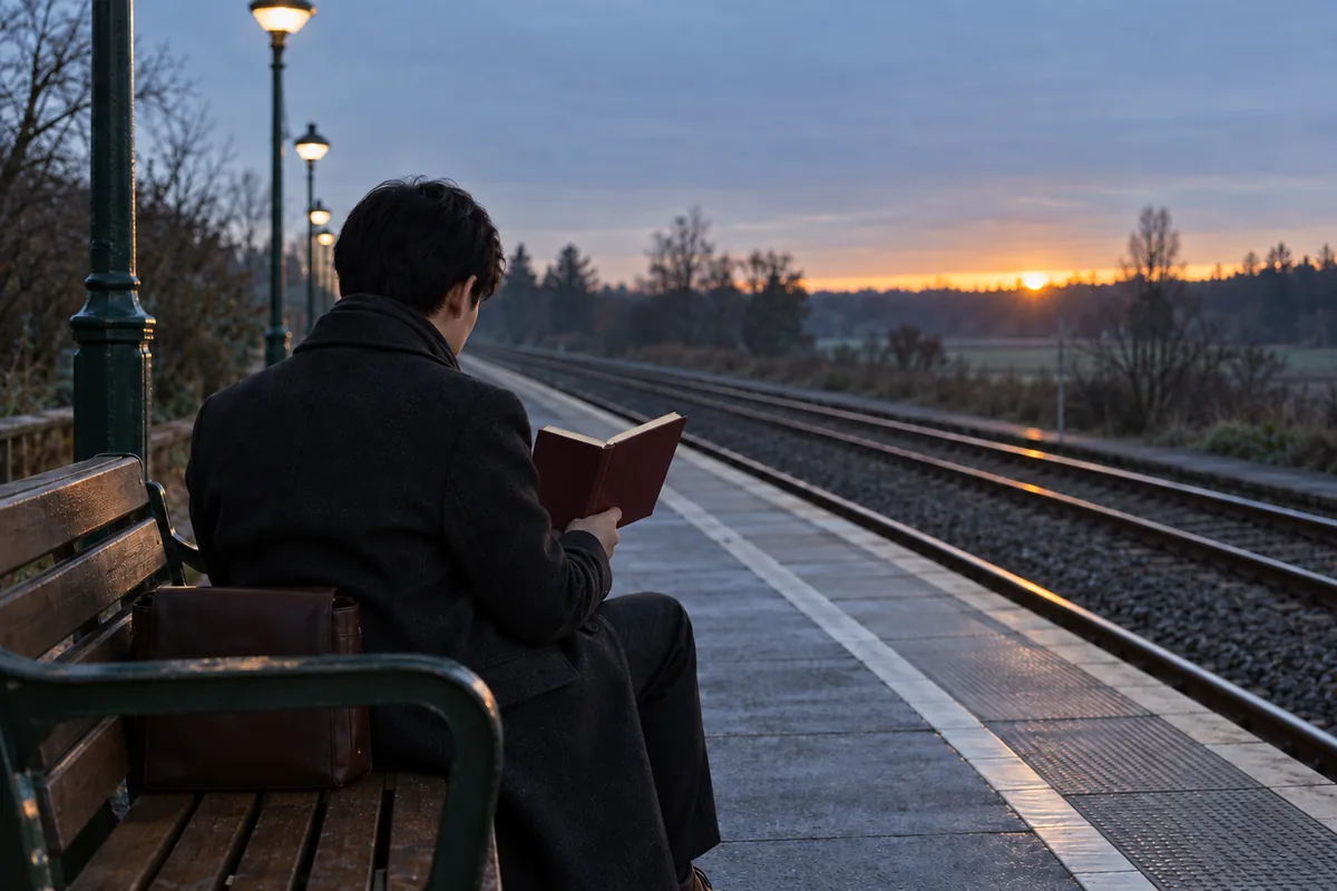 夜明けの駅のホームで、電車を待ちながら厚い本を読む人の後ろ姿