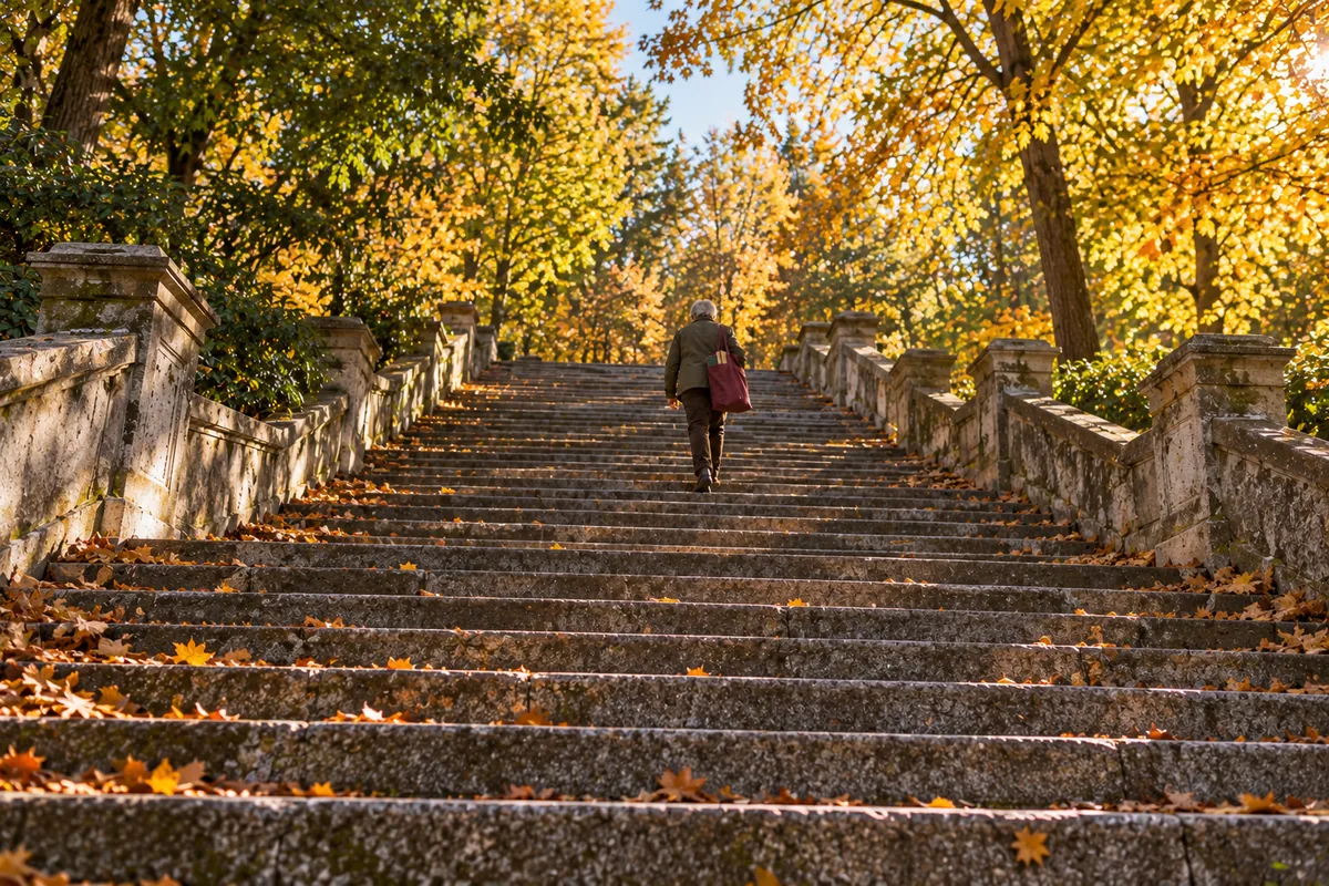 秋の朝、公園の長い石段を本の入った鞄を持って上る人の後ろ姿