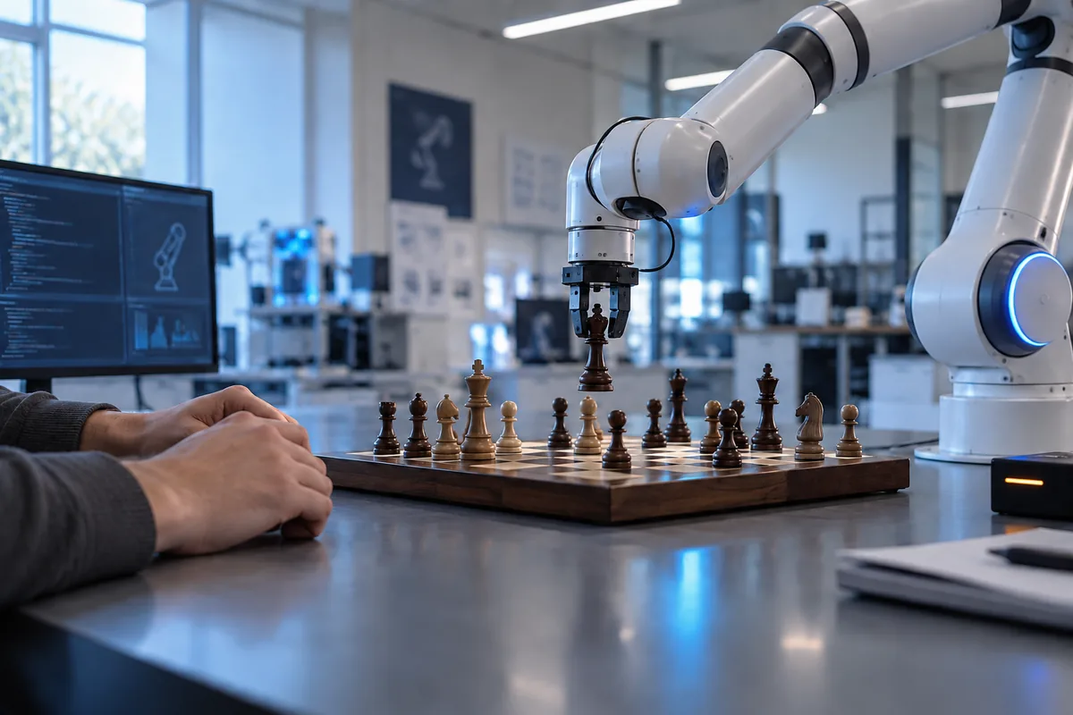 白いロボットアームがチェスの駒を動かし、人の手がそばで見守っている
