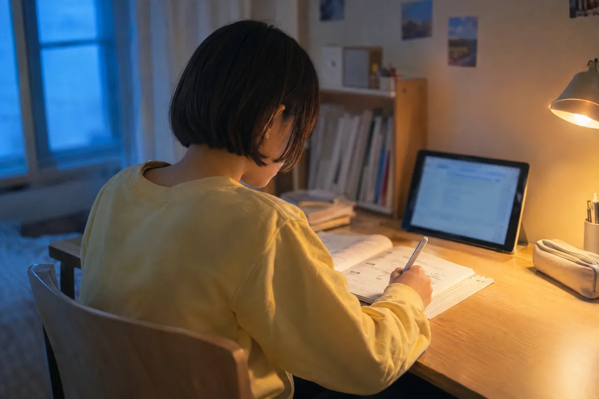 紙の問題集に手で書き、横にタブレットを置く高校生