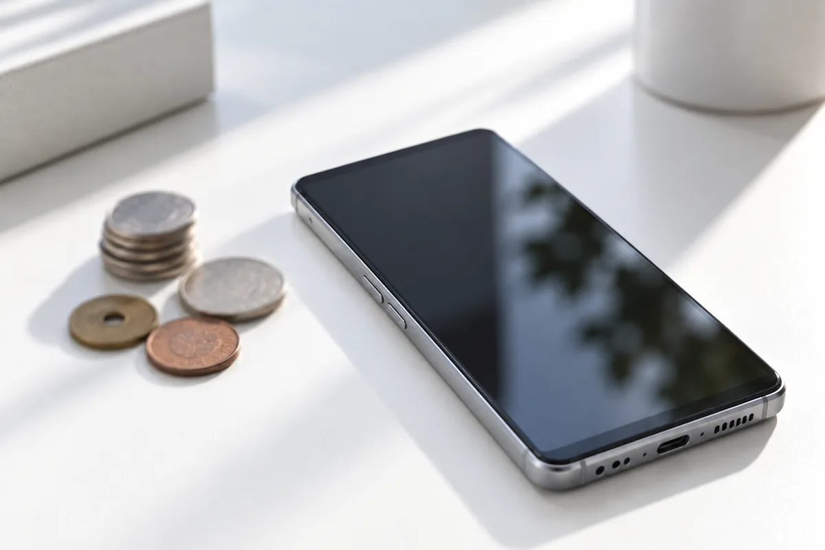 スマートフォンの脇に積まれた硬貨
