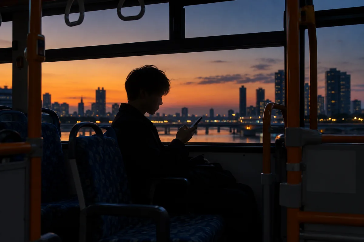 夕暮れのバスでスマートフォンを見る男性