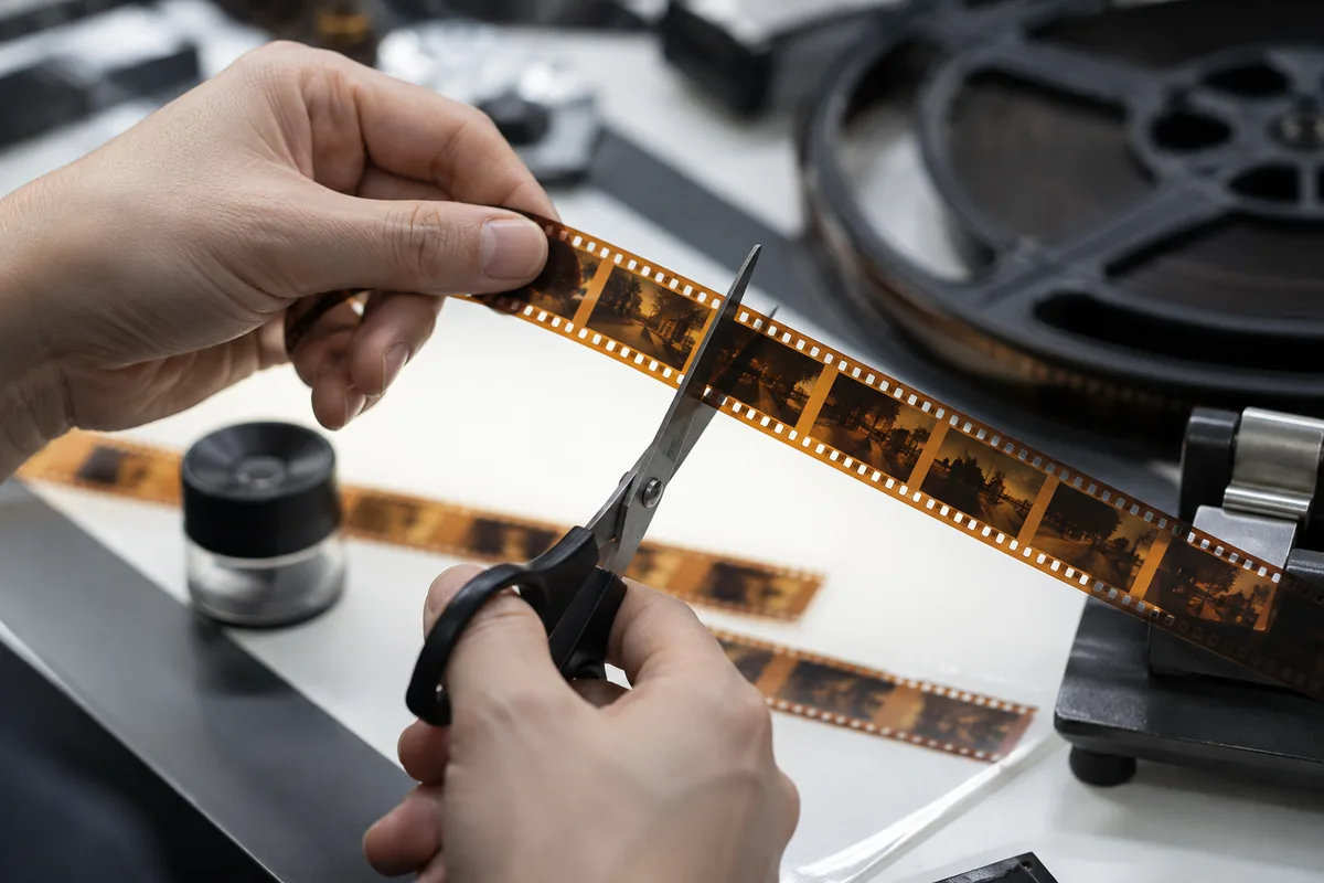 はさみでフィルムを切る手