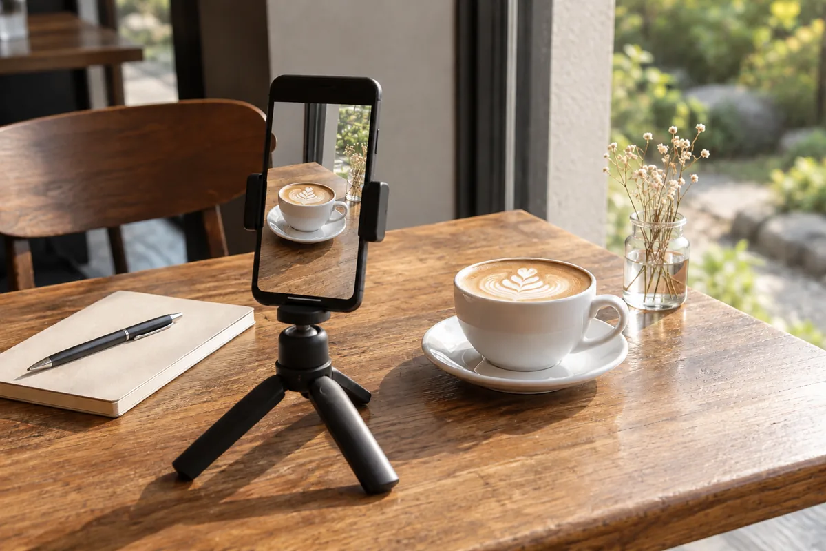 小型三脚のスマートフォンで撮るラテ