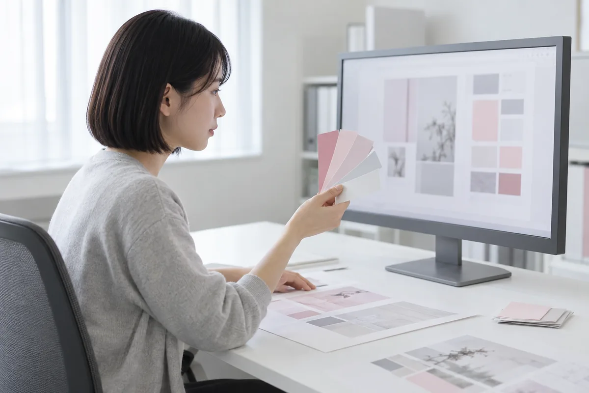 画面の横で色見本を見比べる女性