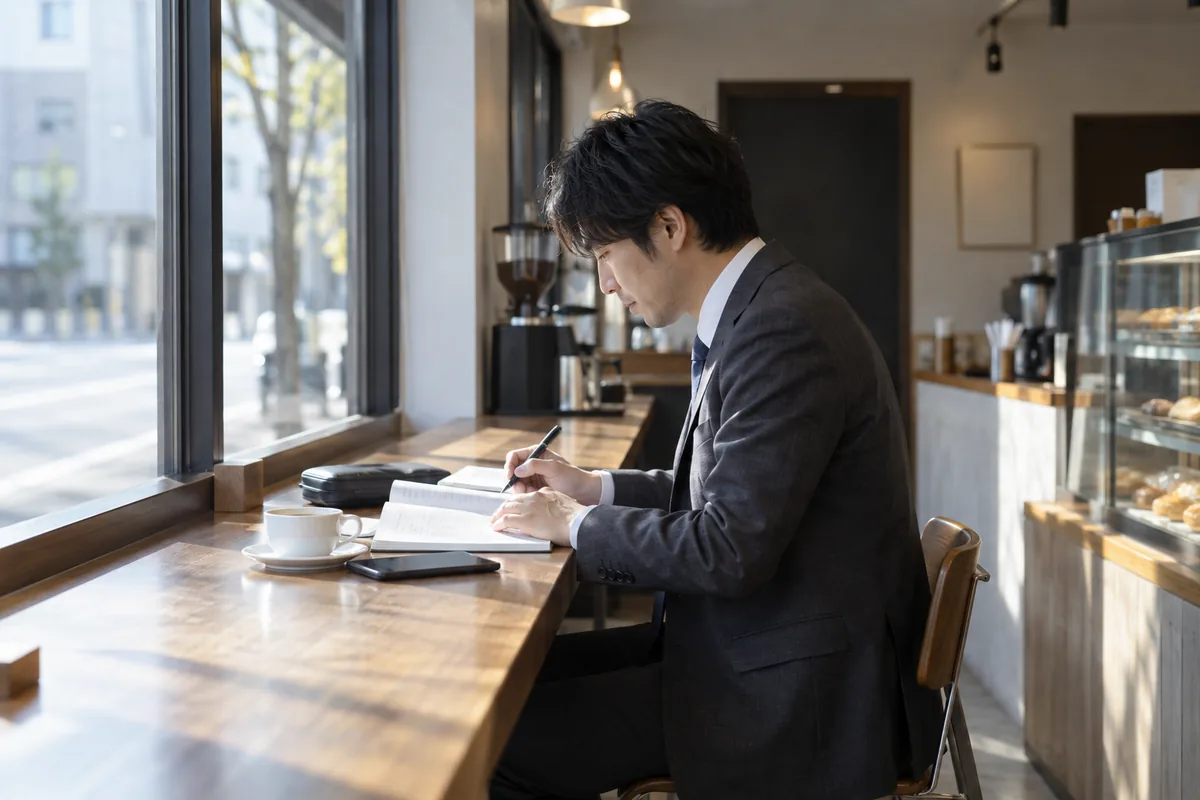 朝のカフェで問題集に書き込むスーツの男性