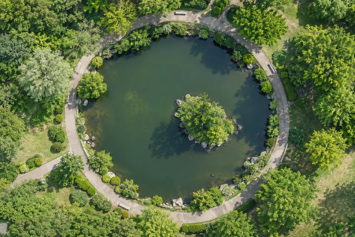 緑に囲まれた池を一周する丸い散歩道