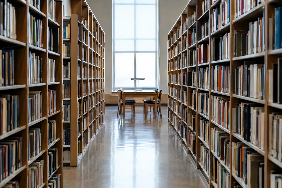 昼の図書館の書架の通路