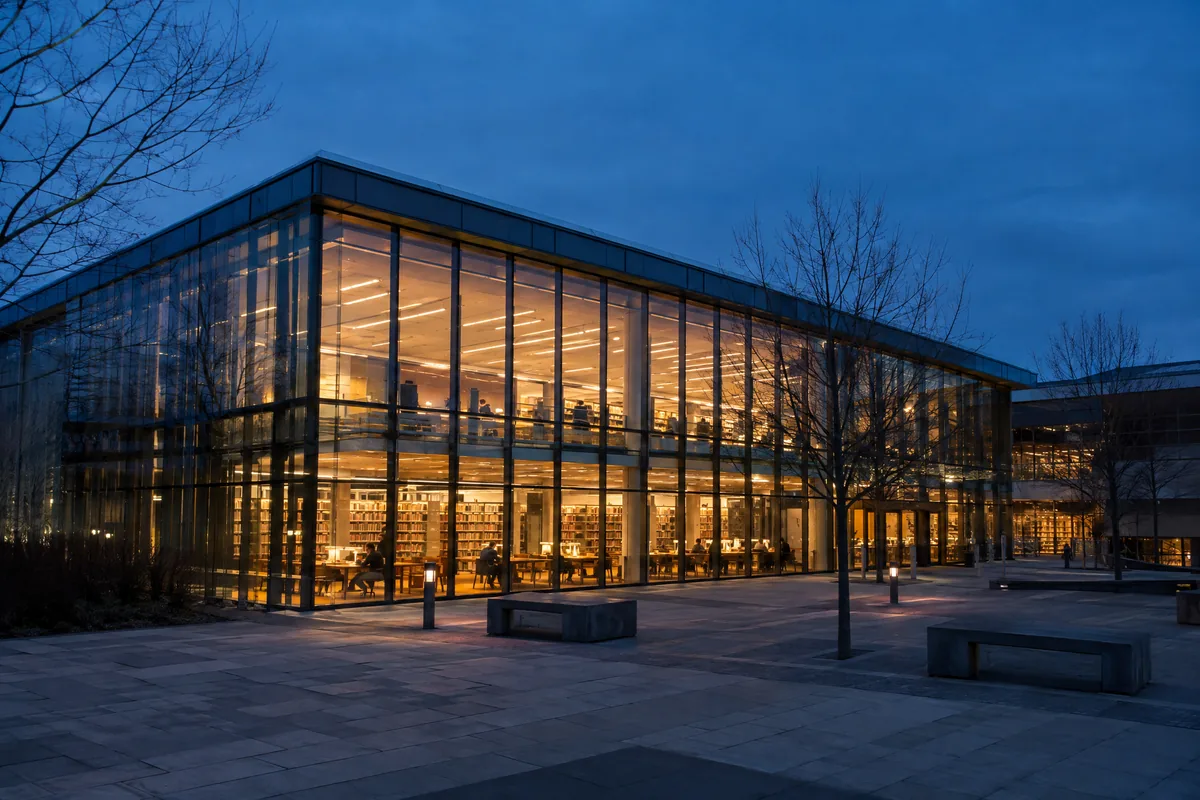 夕暮れに明かりの灯る大学図書館