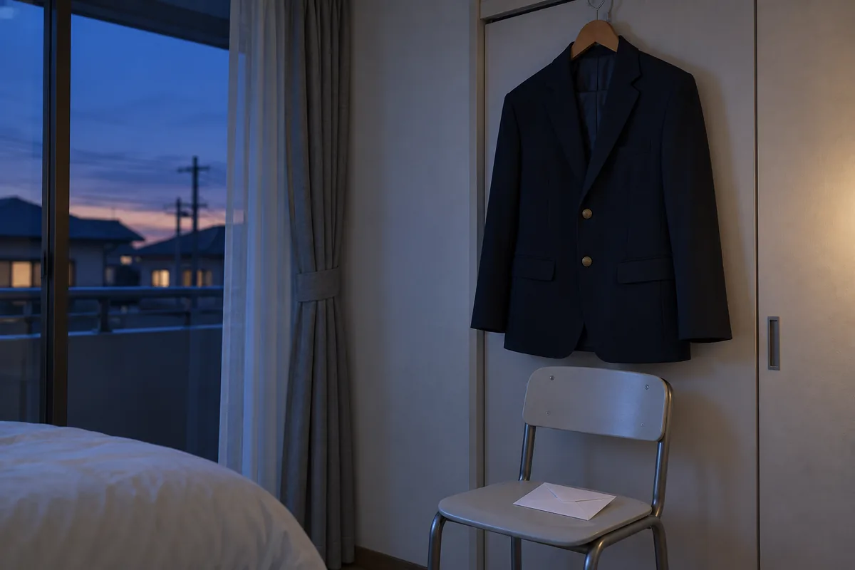 ハンガーに掛けた制服と椅子の白い封筒