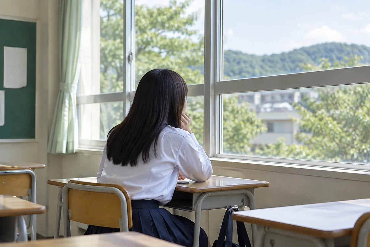 窓際で頬杖をつく制服の生徒の後ろ姿