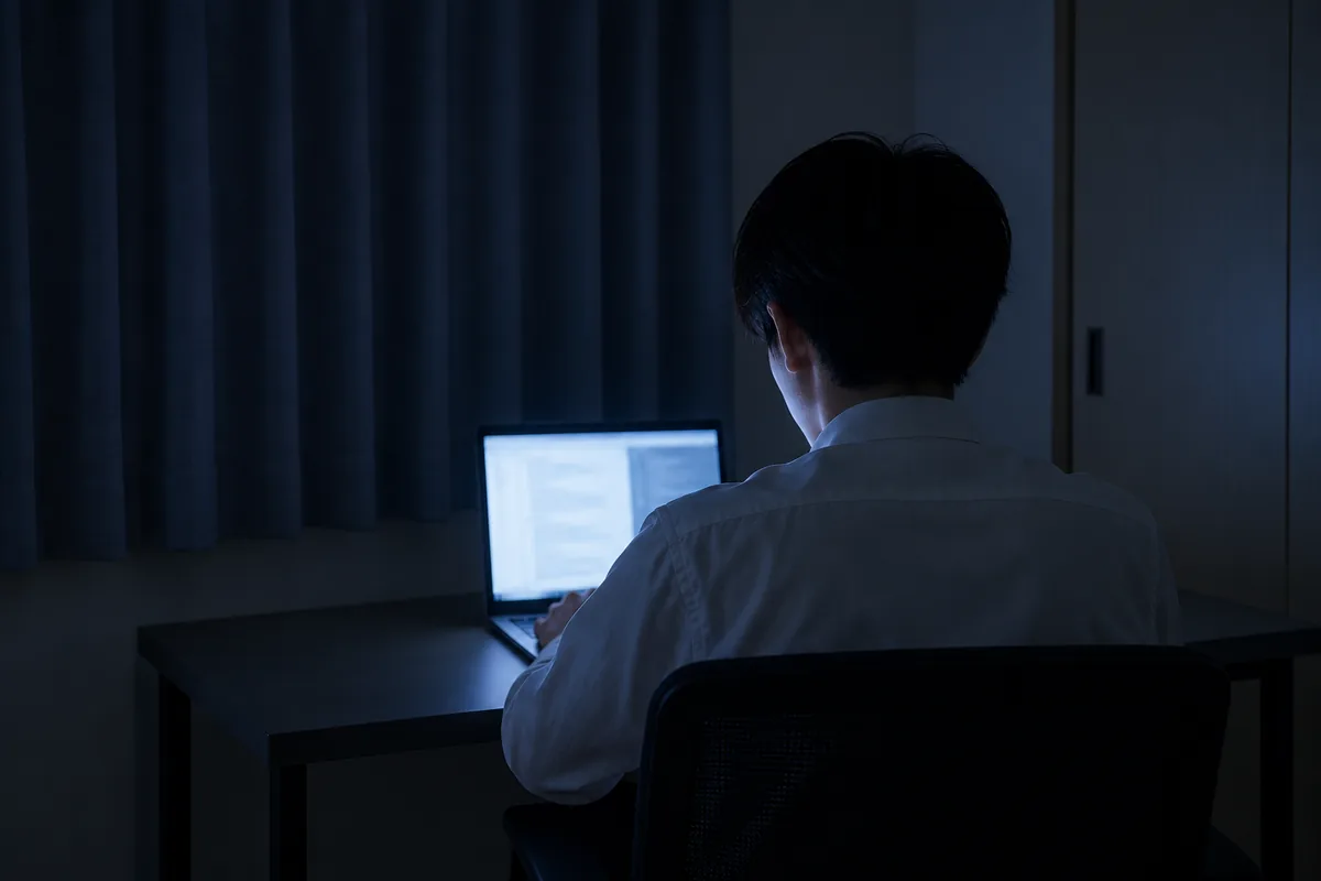 夜の部屋でノートパソコンに向かう後ろ姿