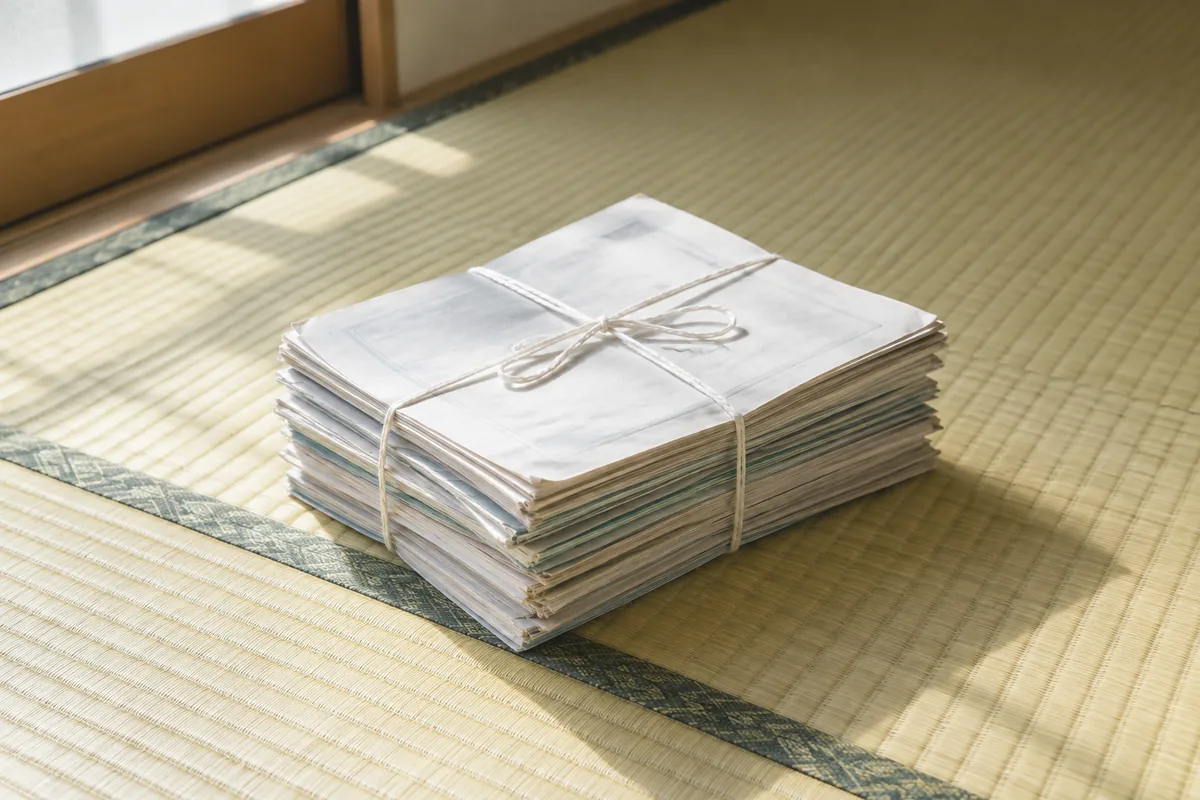 畳の上で白いひもで束ねた問題集