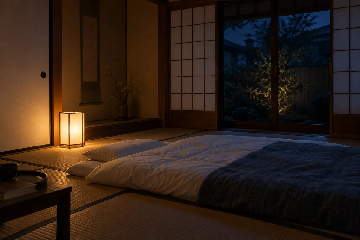 和紙の灯りがともる夜の和室と布団