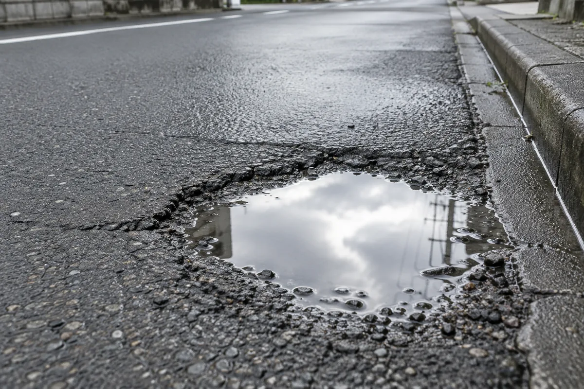 雨上がりの道路のくぼみにたまった水