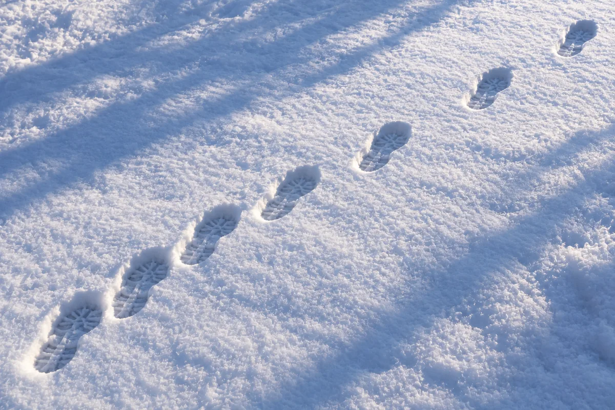 雪の上を歩幅を広げながら続く足跡