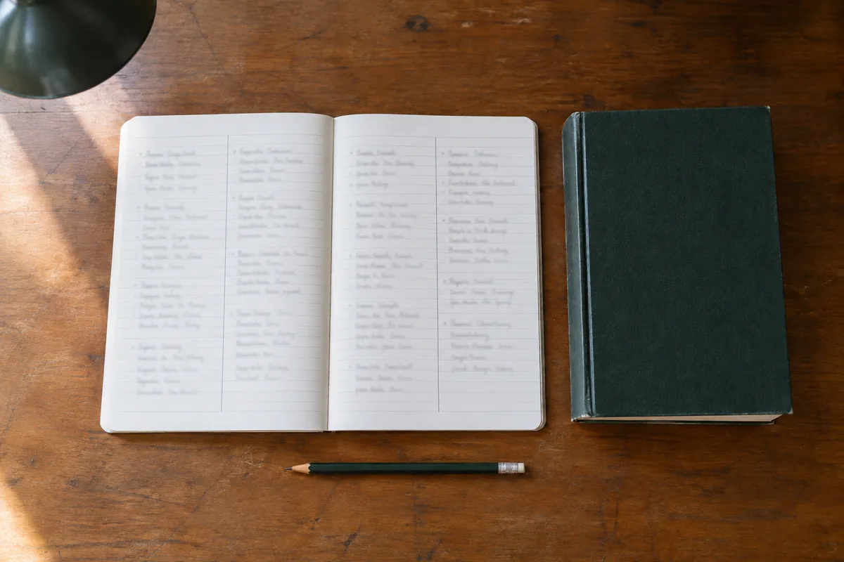 二列に分けた単語ノートと緑の辞書と鉛筆