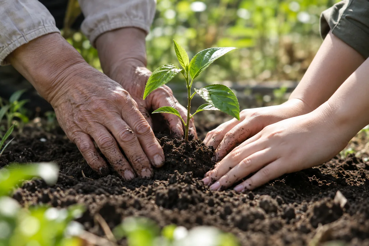 庭の土に一緒に苗を植える年長者と若者の手