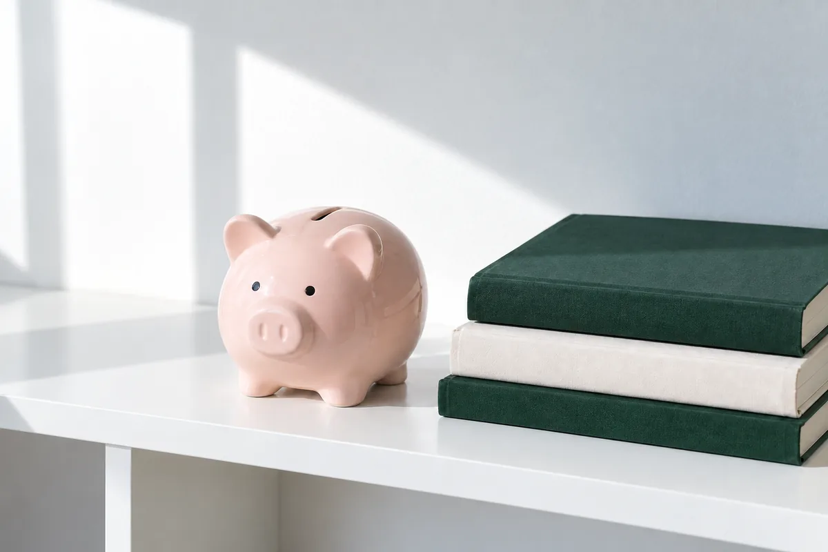 白い棚のピンクの貯金箱と積んだ教科書