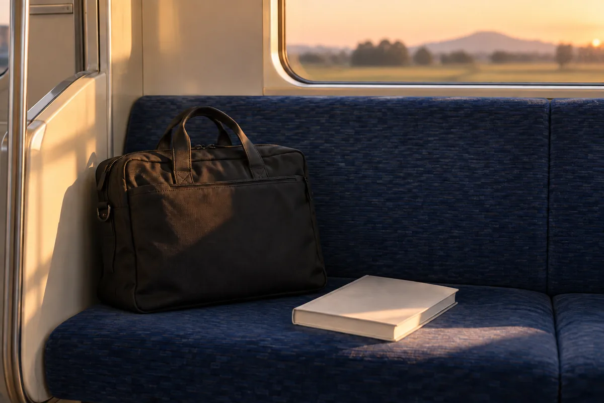 夕日が入る電車の座席の黒いかばんと教科書