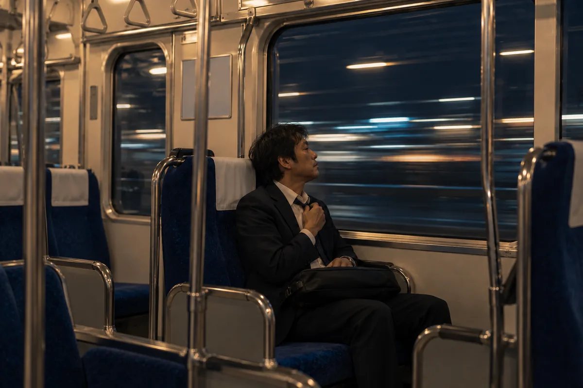 夜の電車でネクタイを緩める男性