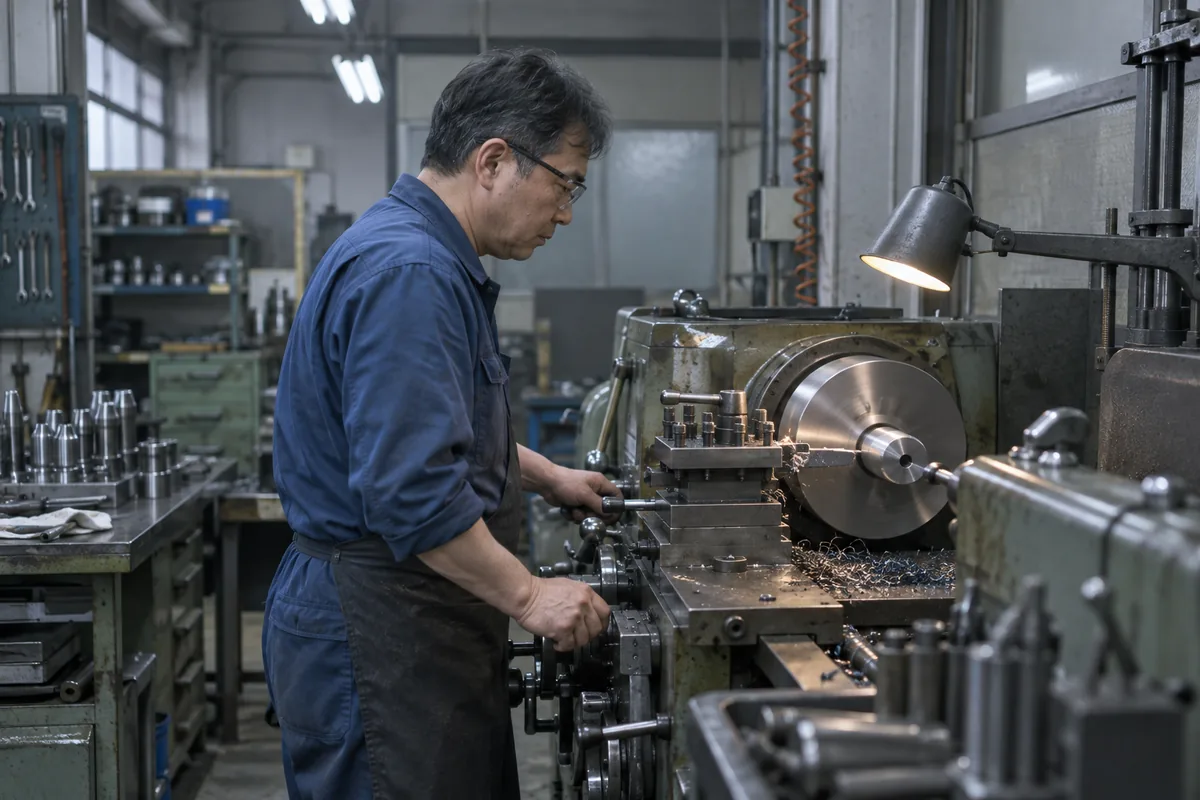 町工場で旋盤を操作する男性