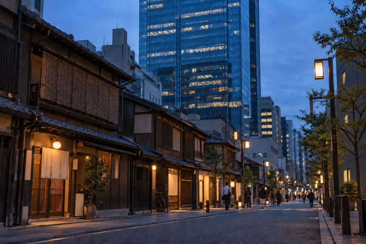 古い商店の背後にガラスの高層ビルが建つ街