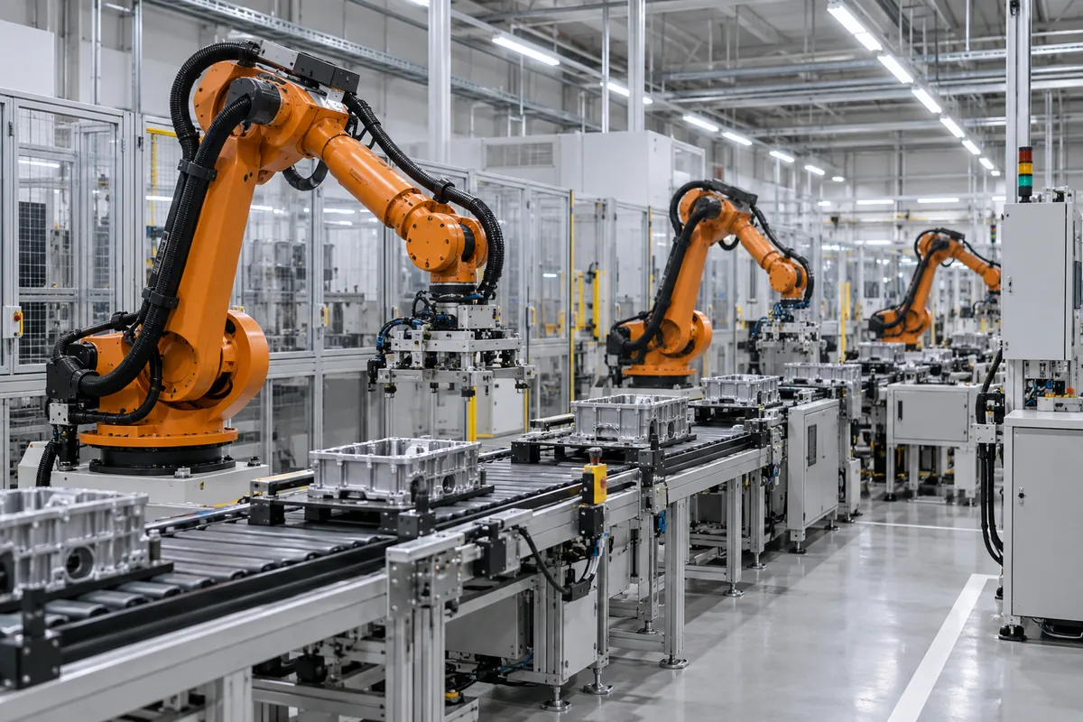 工場の搬送ラインに並ぶオレンジ色のロボット