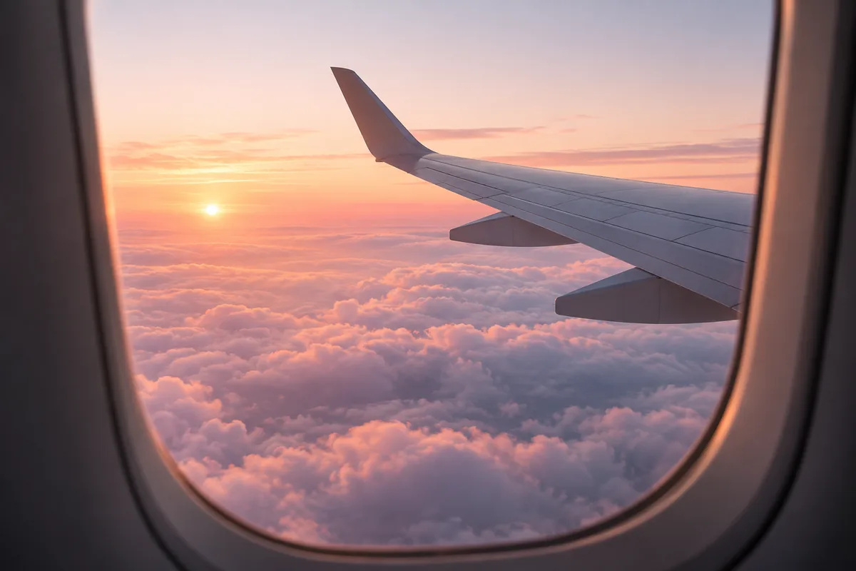 飛行機の窓から見える朝焼けの雲海と翼