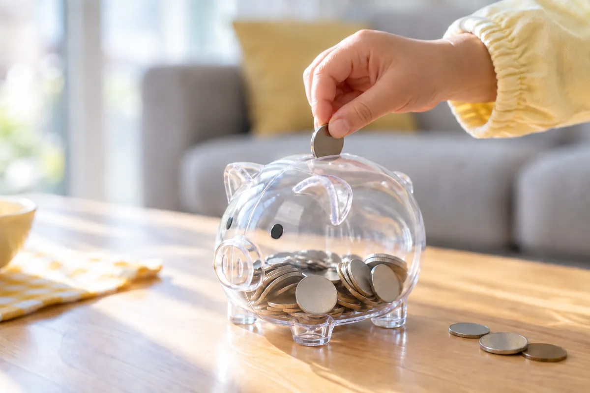 透明な豚の貯金箱に硬貨を入れる子どもの手