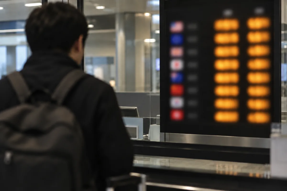 両替所の表示板を見る旅行者の後ろ姿