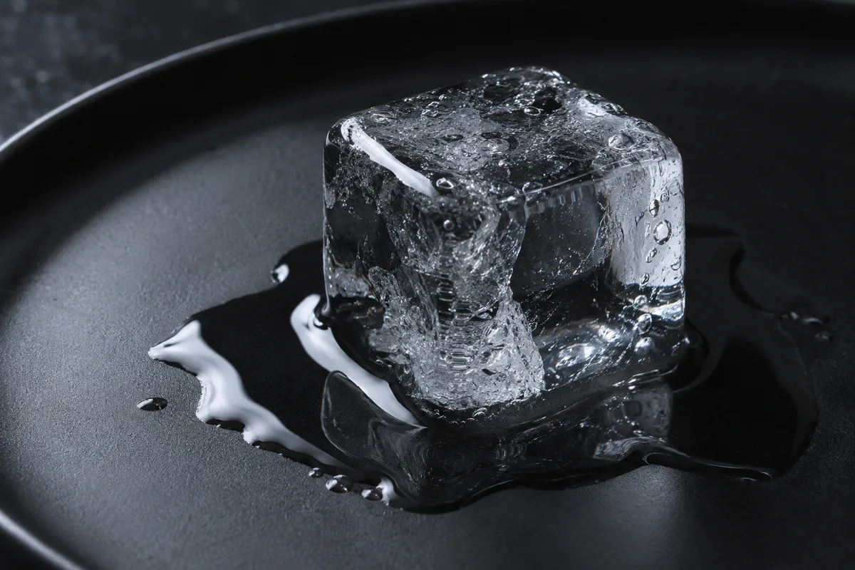 黒い皿の上で溶ける角氷