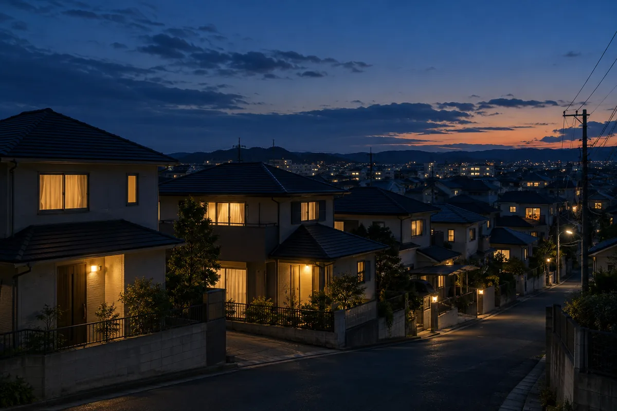夕暮れの住宅街にともる窓の明かり