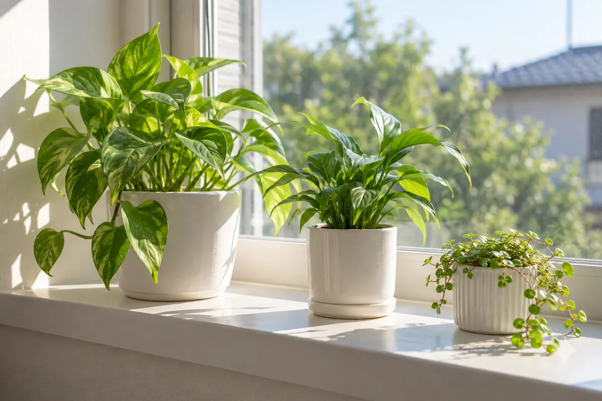 窓辺に並ぶ大小三つの白い植木鉢