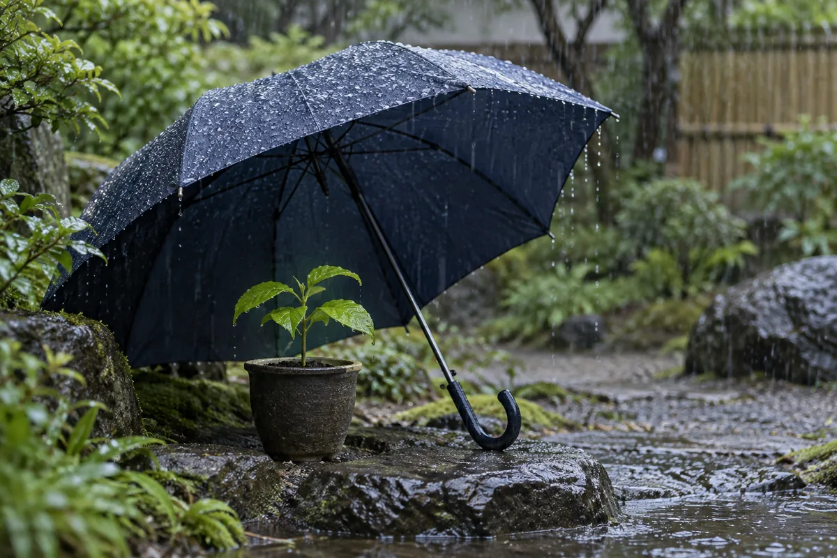 雨の庭で鉢植えの苗を覆う傘