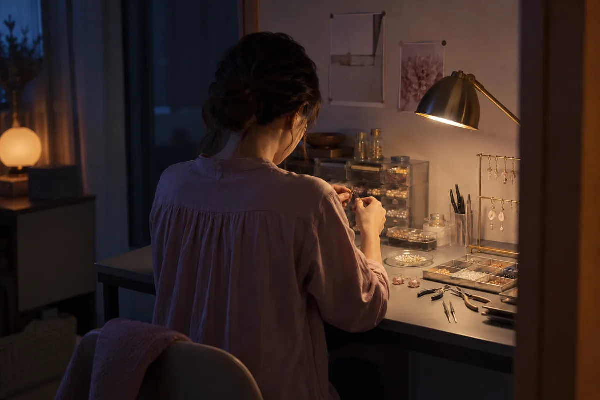 灯りの下でアクセサリーを作る女性の後ろ姿