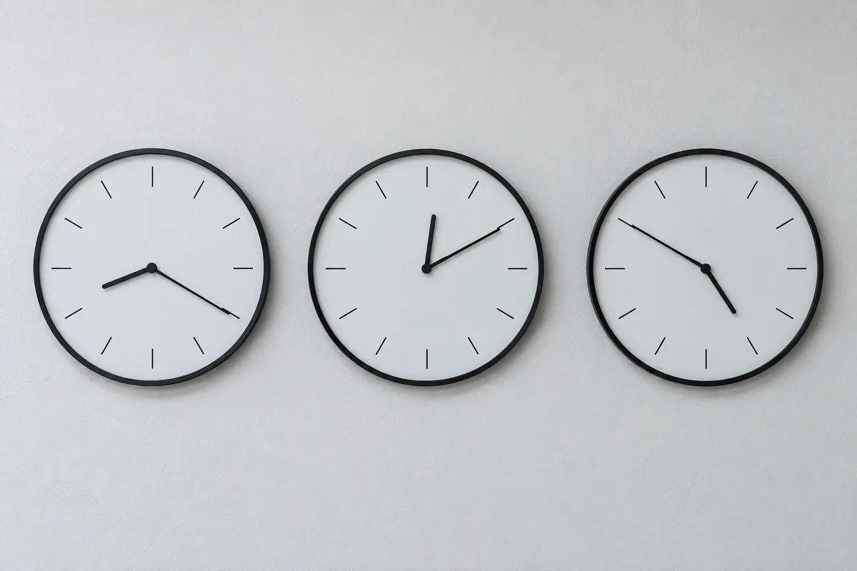 異なる時刻を示す三つの壁時計