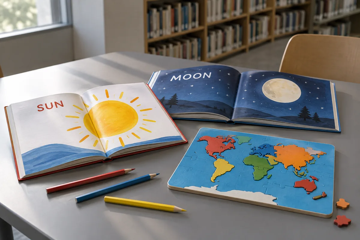 英語の絵本と色鉛筆と世界地図パズル