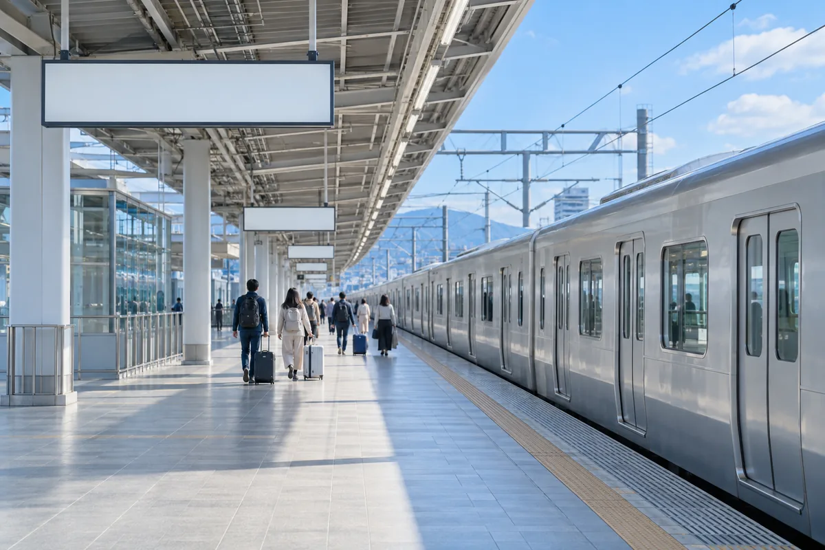 ホームで荷物を引く旅行者と銀色の電車