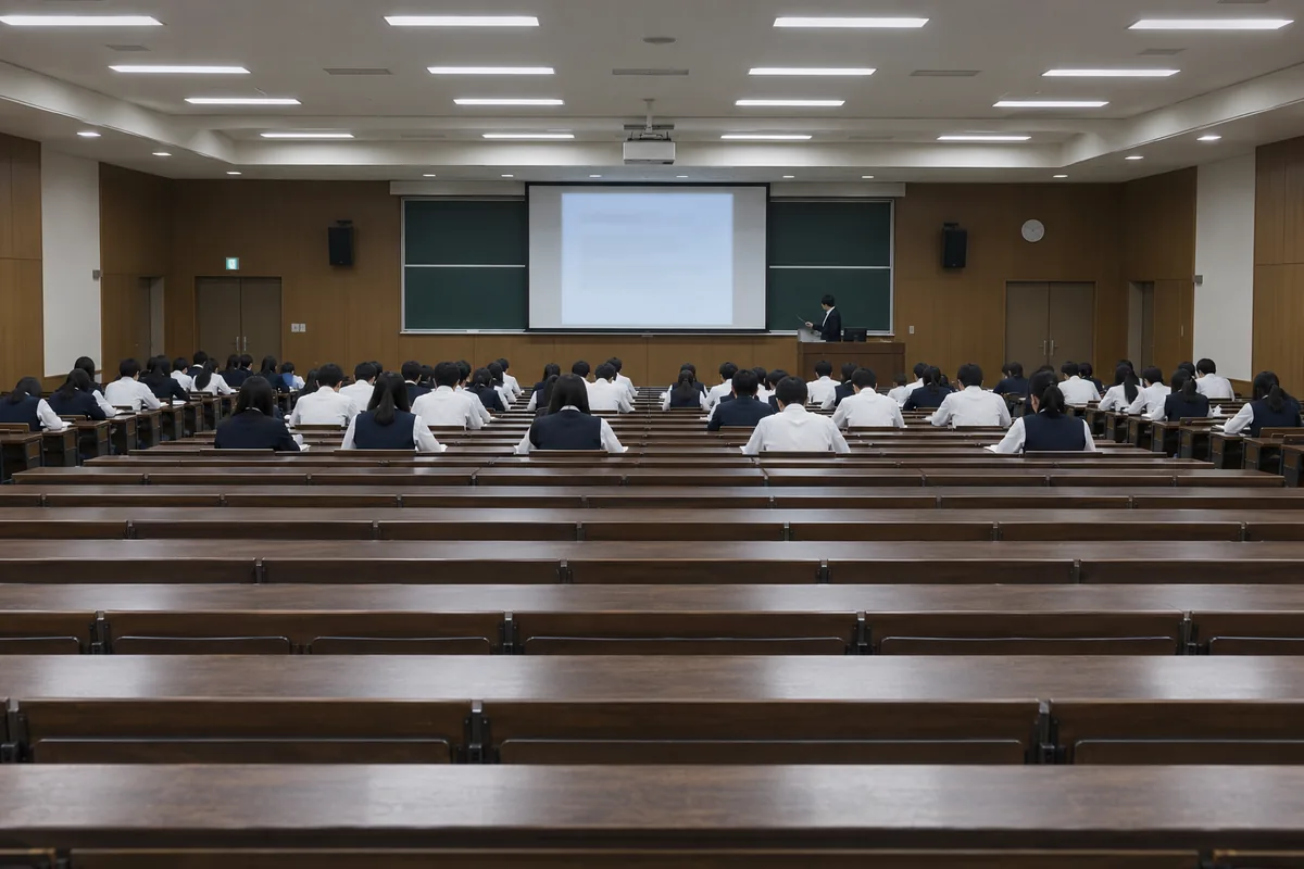 講義室で前を向いて座る制服姿の人たち