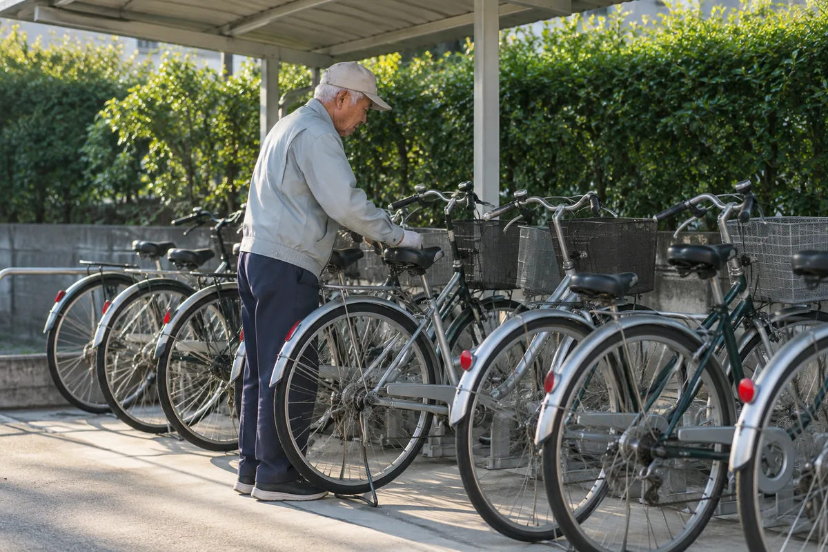 駐輪場で自転車を整える高齢の男性